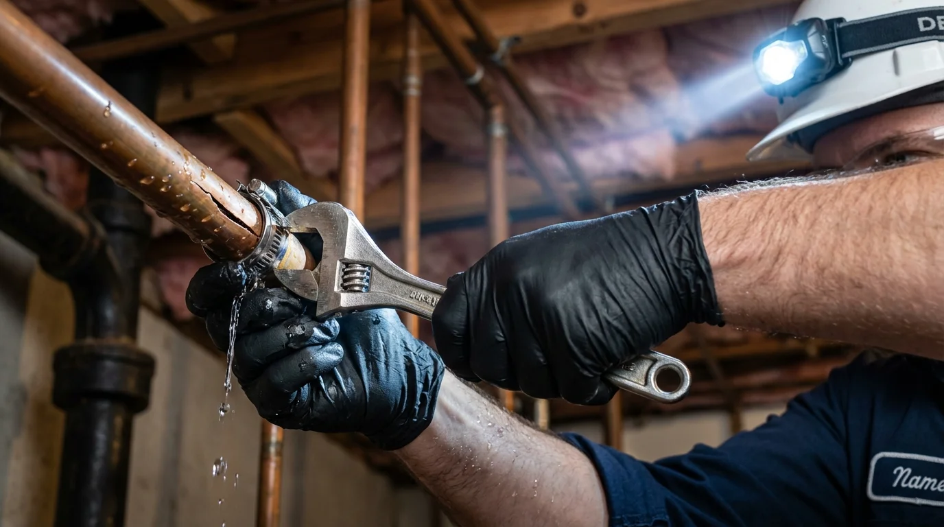 Emergency pipe clamp repair being performed by a Johns Plumbing LLC plumber in Marinette