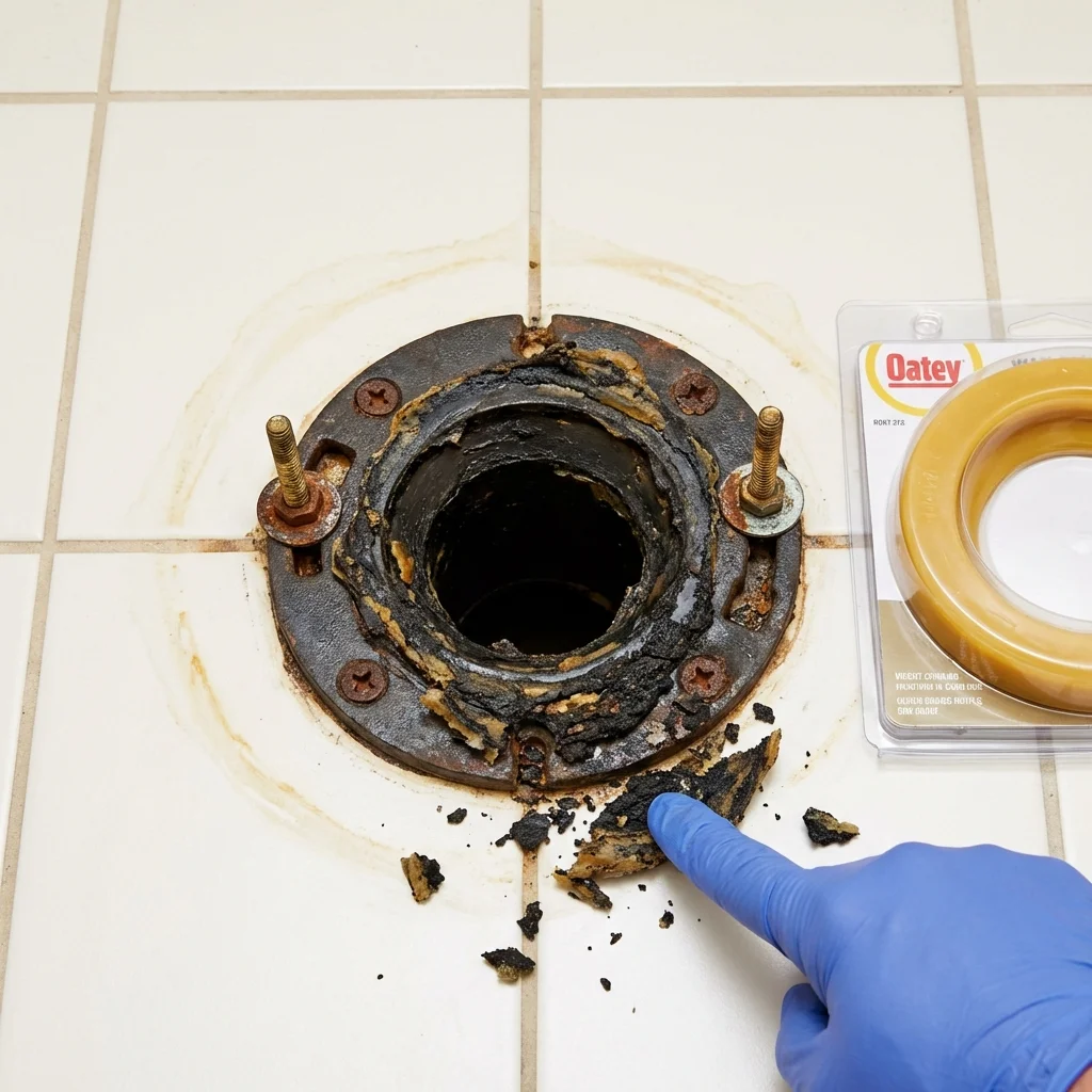 Failed wax ring showing water seepage at the base of a toilet in a Marinette, WI home