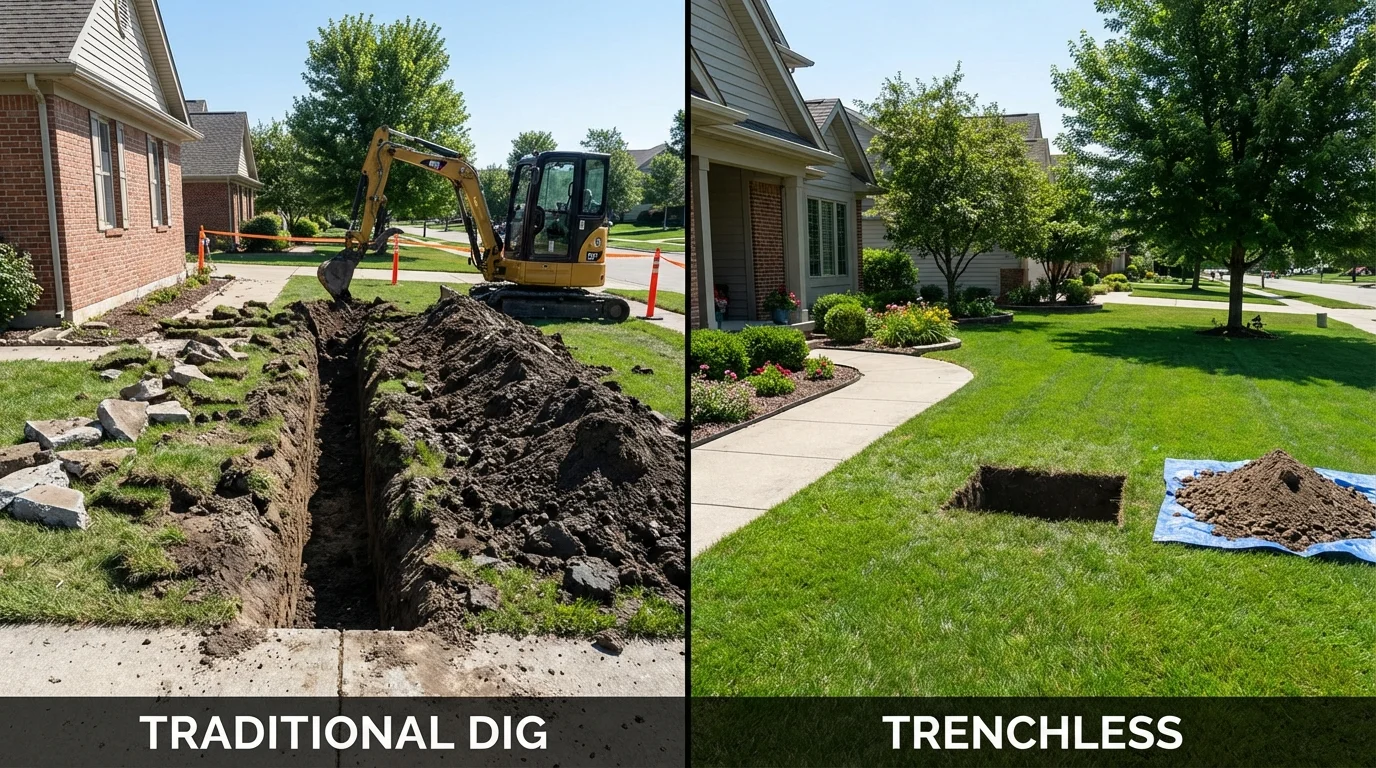 Trenchless sewer repair with minimal yard damage versus traditional excavation in Marinette, WI