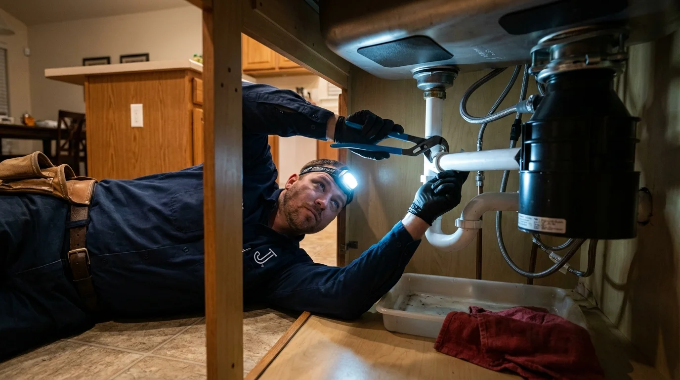 P-trap and supply line connections under a kitchen sink showing a common leak point in Marinette, WI